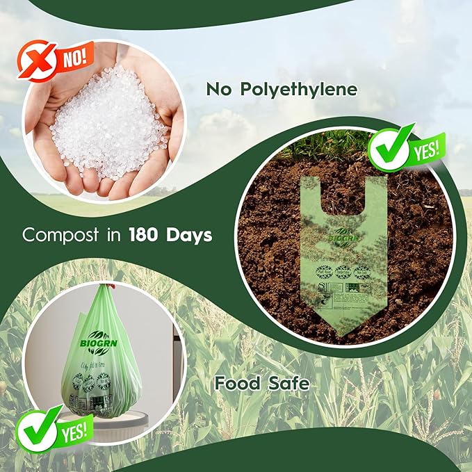 Compostable Trash Bags 1.2-1.6 Gallon Handle Tie 50 Count 0.6 Mil 6.06 Liter Small Compost Bags for Countertop Bin Biodegradable Bags Green for Kitchen ASTM D6400 & BPI Certified, OK Compost Home