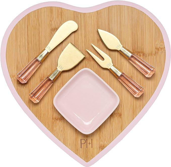 Paris Hilton Charcuterie Board and Serving Set, Bamboo Serving Board, Ceramic Dish, Cheese Utensils with Titanium Coated Blades, 6-Piece Set, Pink