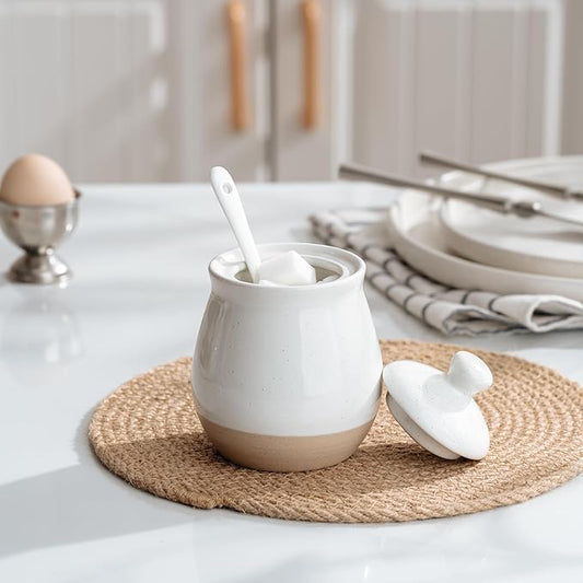 famiware Milkyway Sugar Bowl with Lid and Spoon, 10oz Ceramic Sugar Jar/Pot/Dispenser for Salt, Condiments, Spice, Seasonings, Sugar Container for Coffee Bar, Home, Kitchen, and Countertop, White