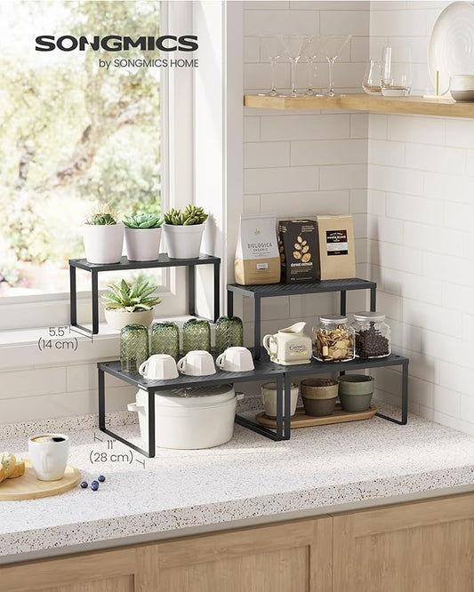 SONGMICS Spice Racks, Set of 2 Metal Cabinet Shelf Organizers, Countertop Organizers, Shelf Risers, Stackable, Expandable, Ink Black UKCS005B01