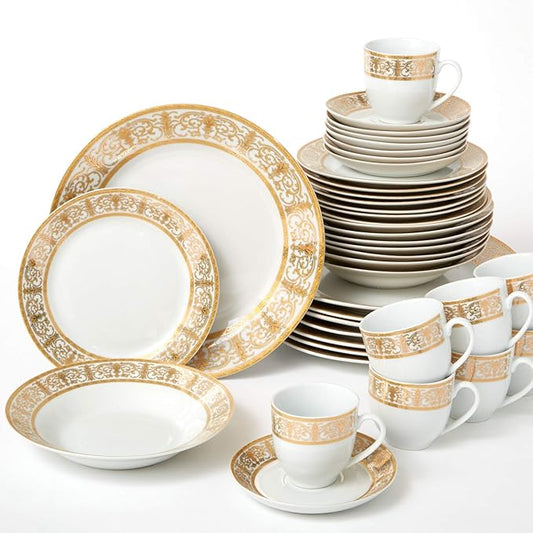 BrylaneHome 40 Piece Medici Porcelain Dinnerware Set (Service For 8), Includes Dinner & Dessert Plates, Bowls, Cups & Saucers, Elegant Gold Rim Pattern - Gold White