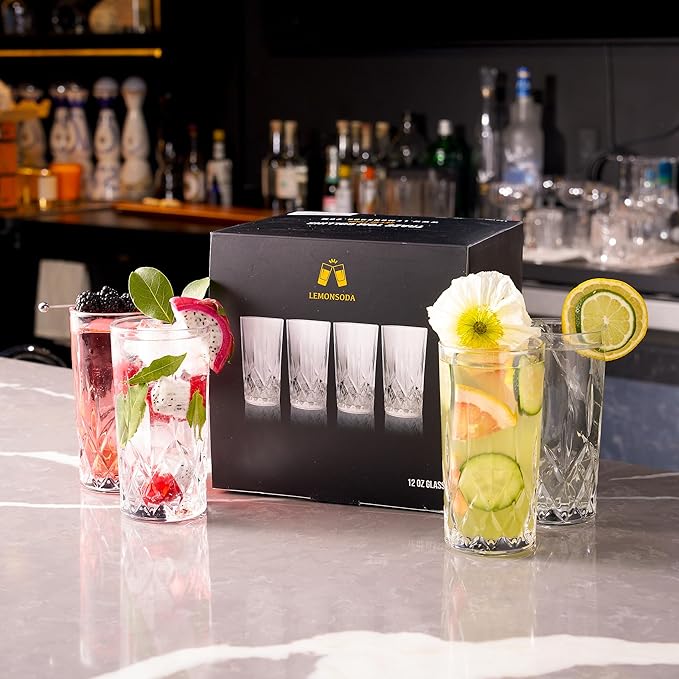 LEMONSODA Premium 12oz Highball Glass, for Water, Juices, cocktails - Set of 4 - Crystal Cut Glasses β Elegant Textured Tom Collins Glassware Set - Premium Packaging
