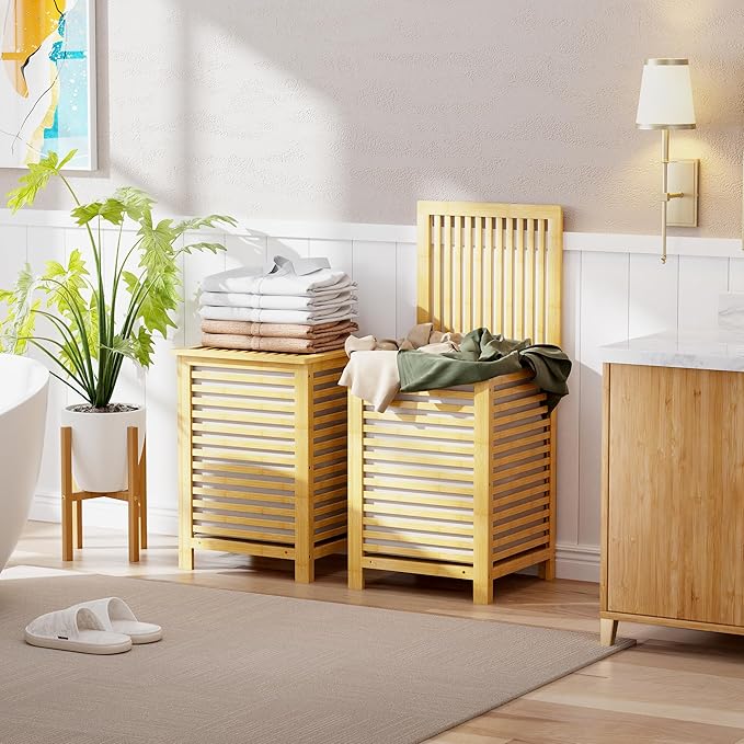 SMIBUY Double Laundry Hamper with Lid, 120L Bamboo Laundry Basket with Removable Liner Bag, 2-Section Clothes Divider Laundry Sorter for Laundry Room, Bathroom, Bedroom (Natural)