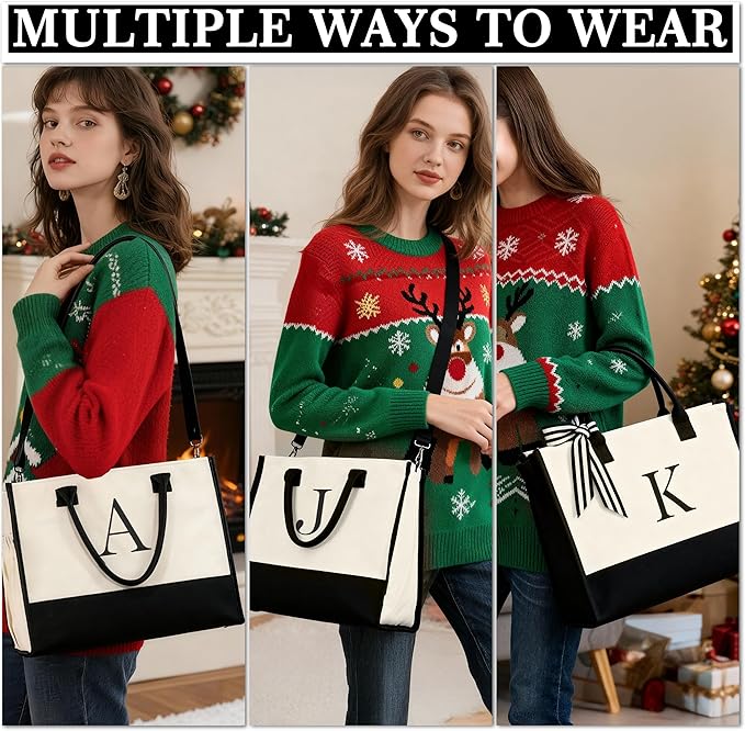 YOOLIFE Christmas Gifts for Women - Initial Tote Bag & Makeup Bag, Womens Christmas Stocking Stuffers Mom Wife Teacher Friend