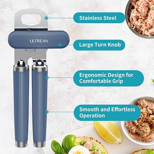 Ultrean Manual Can Opener Bottle Opener, Heavy Duty Stainless Steel Smooth Edge Manual Hand Held Can Opener With Soft Touch Handle, Rust Proof Oversized Handheld Easy Turn Knob (Navy Blue)