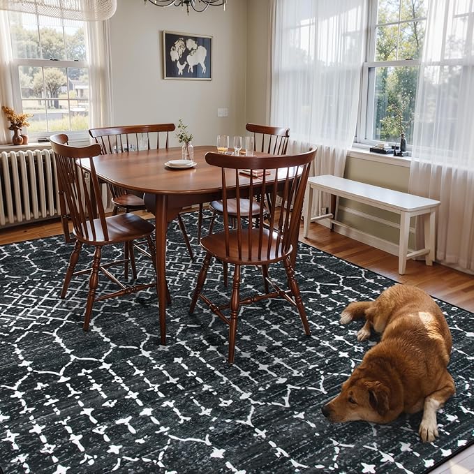 Lahome Moroccan Black 9x12 Rug for Living Room, Washable Non-Slip Ultra-Thin Stain Resistant Area Rug for Dining Room Table, Geometric Print Modren Indoor Carpet for Bedroom Office