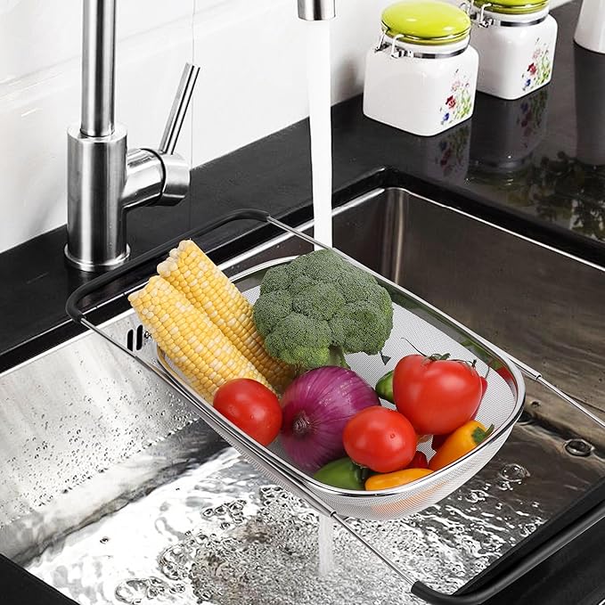 ZDRongZhen Kitchen Accessories Over the Sink Colander Strainer Basket,Stainless Steel Colander with Expandable Rubber Grip Sink Drainer-Rinse Vegetables Fruits &Strain&Drain (Large-Fine mesh)