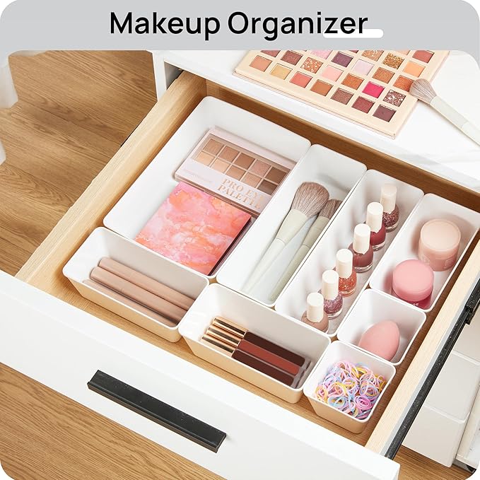 Vtopmart 44 PCS Plastic Drawer Organizers Set, 4-Size Versatile Bathroom and Vanity Organizer Trays, Non-Slip Storage Containers for Makeup, Jewelries, Bedroom,Kitchen Utensils and Office, White