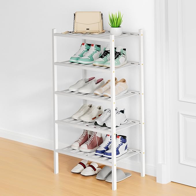 Smiry Shoe Rack, 5 Tier Small Bamboo Shoe Organizer, Stackable Free Standing Wooden Shoe Storage Shelf for Closet, Entryway, Front Door Entrance, White