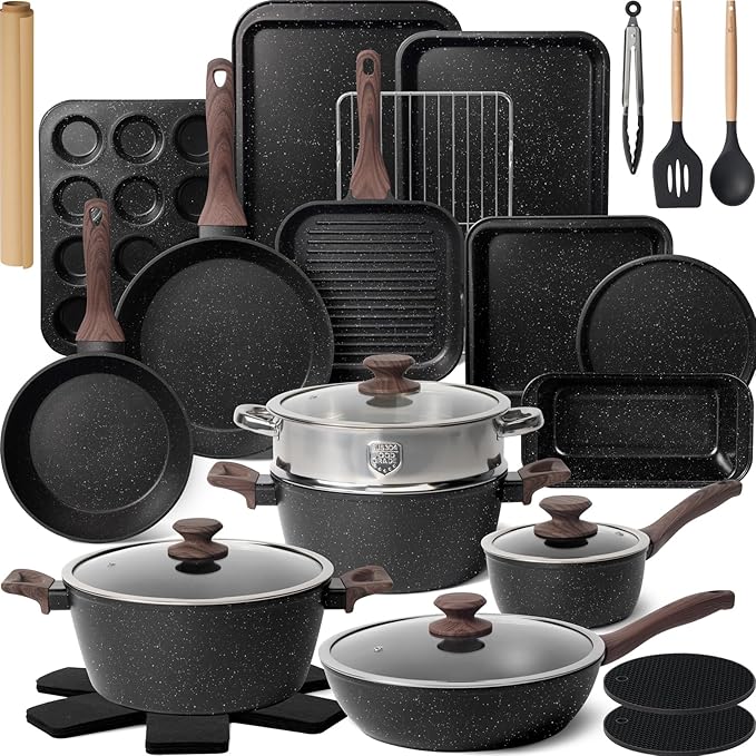 Kikcoin Pots and Pans Set Non Stick 31 Piece Kitchen Nonstick Cooking Cookware Sets with Grill Pan Saucepan Baking Sheet Utensil, Black