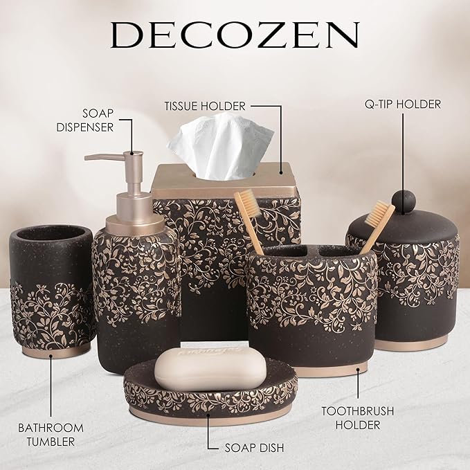 Decozen Bathroom Accessories Set 6Pcs – Soap Dispenser, Toothbrush Holder, Tumbler, Soap Dish & Cotton Swab Jar – Modern Bathroom Decor, Bath Set for Christmas Decor, Stella