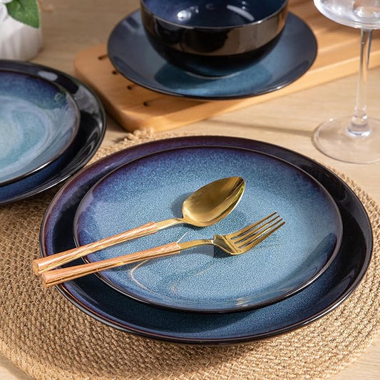 LeRatio Ceramic Dinnerware Sets for 6,Plates and Bowls Sets,Handmade Reactive Glaze Dishes Set,Chip Resistant and Scratch Resistant | Oven&Dishwasher & Microwave Safe-Blue(18PCS)