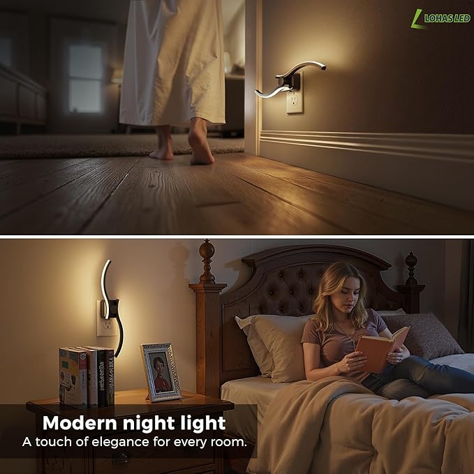 L LOHAS LED Night Light, 2 Pack Night Lights Plug into Wall, Modern Wall Sconces with Dusk to Dawn Sensor, Dimmable Wave Plug in Night Light, 3000K Soft White for Bedroom Living Room