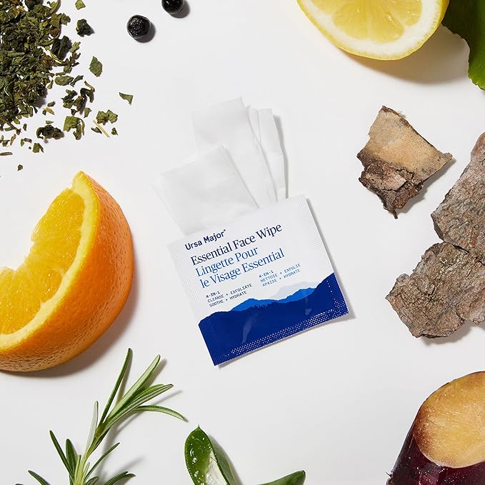Ursa Major Essential Face Wipes | Natural, Biodegradable, Cruelty-Free | Cleanse, Exfoliate, Soothe and Hydrate | Individually Wrapped | 40 count