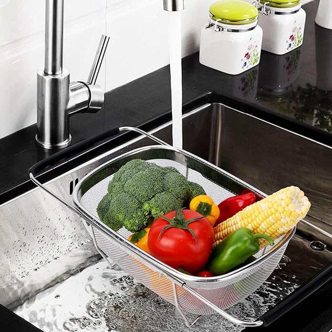ZDRongZhen Kitchen Accessories Over the Sink Colander Strainer Basket,Stainless Steel Colander with Expandable Rubber Grip Sink Drainer-Rinse Vegetables Fruits &Strain&Drain (Medium-Fine mesh)