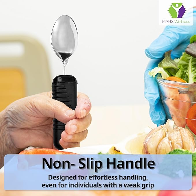 3 Piece Super Easy Grip Flatware Set - Bendable Built Up Utensils - Fork, Knife, and Spoon (Standard) - Black