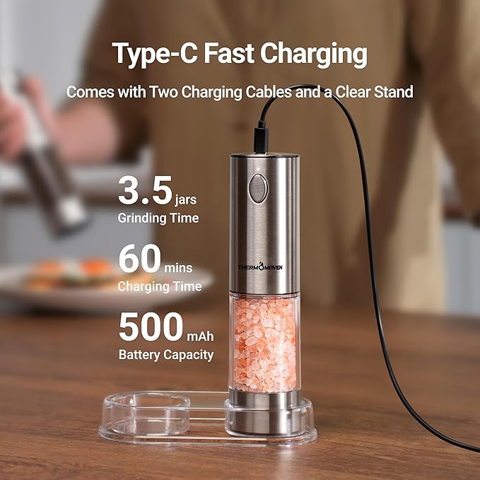 ThermoMaven Upgraded Larger Capacity Electric Salt and Pepper Grinder Set, 110ml Rechargeable Salt and Pepper Shaker with LED light, Stainless Steel Automatic Pepper Mill with 6 Adjustable Coarseness
