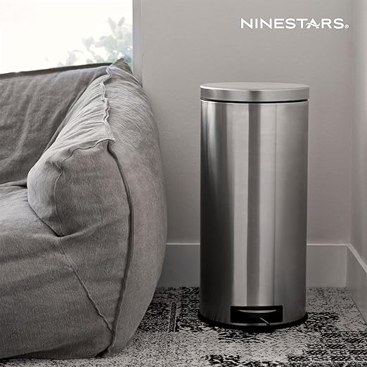 8 Gallon and 1.2 Gallon Combo Set Round Stainless Steel Step on Trash Can, Fingerprint-Resistant Soft Close Lid Hands-Free Trash can, Removable Plastic Inner Bucket Waste Bin, 8 Gal 30L & 1.2 Gal 5L
