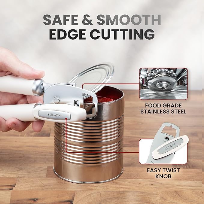 Zulay Kitchen Heavy Duty Stainless Steel Can Opener Manual with Bottle Opener - Rust Proof Manual Can Opener With Turn Knob & Comfy Soft Grip Handles - Cream