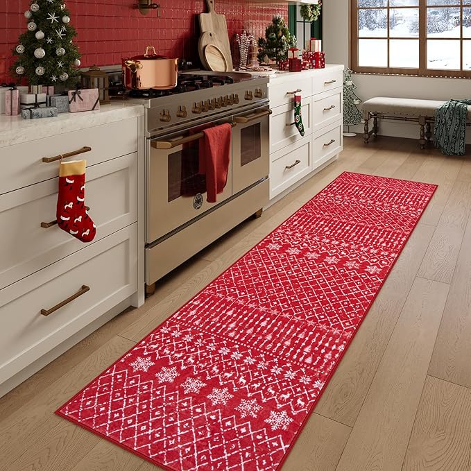 Lahome Christmas Runner Rug 2x6 for Hallway Red Non Slip Washable Low Pile Carpet Moroccan Snowflake Throw Rug Runner for Kitchen Entryway Laundry Bathroom Narrow Space Xmas Holiday Decor