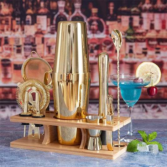 11-Pcs Cocktail Shaker Set Gold,Bartending Kit Stainless Steel Shakers 25oz Bar Kits for Bartender Mixing Set Barware Tool Sets for Professional Bartender and Home
