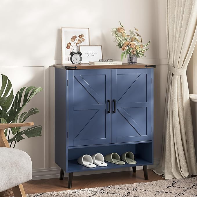 Vabches Farmhouse Shoe Storage Cabinet with Doors, 5 Tier Small Shoe Cabinet with Adjustable Shelves and Metal Legs, 34" Tall Shoe Rack Organizer for Entryway, Foyer, Navy Blue