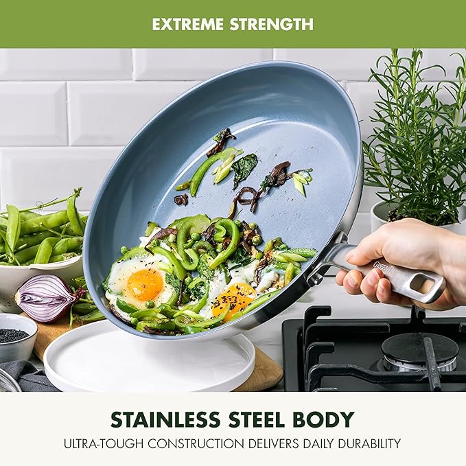 GreenPan Treviso Stainless Steel Healthy Ceramic Nonstick, 12" Frying Pan Skillet with Lid, PFAS-Free,Clad, Induction, Dishwasher Safe, Silver