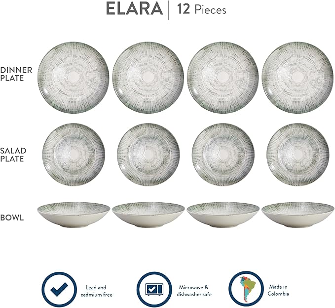 Corona 12-Piece Textured Modern Textured Finish Ceramic Dinnerware Sets, Plates and Bowls, Service For 4, Microwave and Dishwasher Safe, Elara