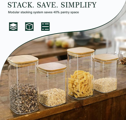 LIBWYS 12-Pack Glass Pantry Storage Containers with Bamboo Lids (0.76Qt/1.22Qt/1.67Qt) - Stackable Square Food Jars for Pantry Organization, Coffee, Flour, Snacks, Tea | Kitchen Canisters Set