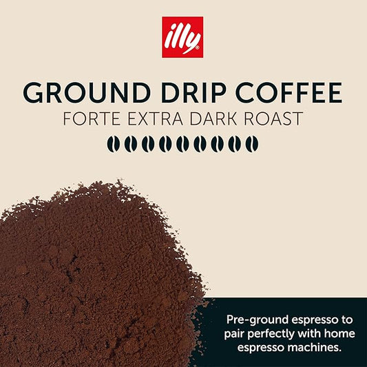 Illy Ground Drip Coffee - Forte Extra Bold Roast Coffee - Rich & Strong Flavor - 100% Arabica - Pre-Ground for Drip Pour Over - Pressurized Packaging Sealed for Freshness - 8.8oz (Pack of 6)