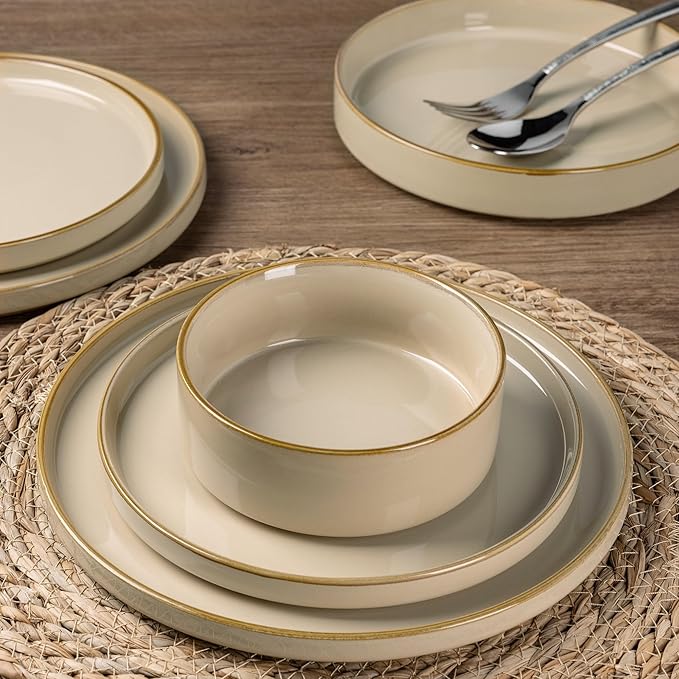 GBHOME Ceramic Dinnerware Sets for 4, 12 Pieces Stoneware Plates and Bowls Sets, Reactive Glaze Dishes -Scratch Resistant, Dishwasher&Microwave Safe-Warm Sand