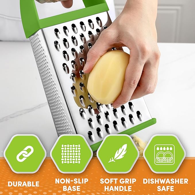 Spring Chef Professional Green 10" Stainless Steel Parmesan Cheese Grater with Handle, 4 Sided Handheld Box Grater, Kitchen Carrot Shredder for Potato, Cheese, Ginger, Vegetables