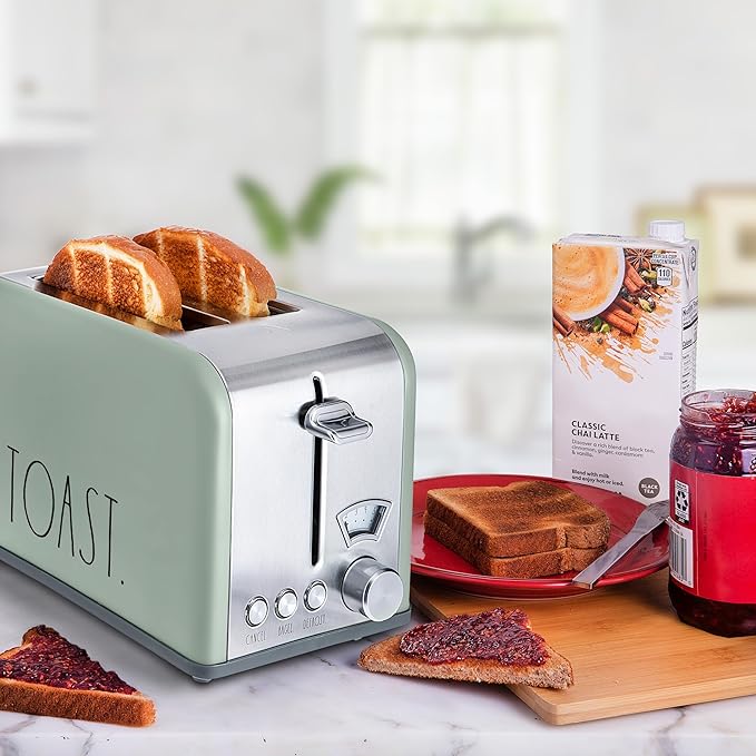 Rae Dunn Toaster, Stainless Steel 2 Slice Square Toaster, Wide Slot with 5 Browning Levels, with Bagel, Defrost and Cancel Options (Sage)