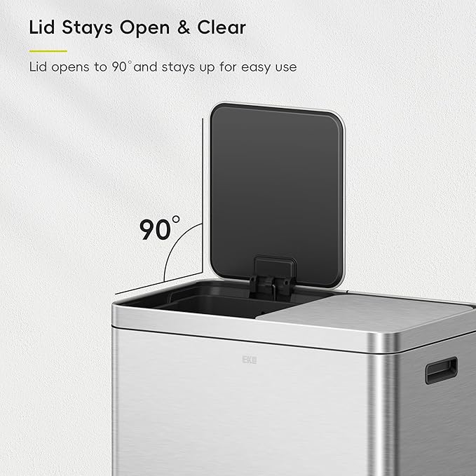 EKO Edison Dual Trash Can for Recycling and Trash, 8+8 Gallons Kitchen Garbage Can with Dual Removable Inner Liners, Independent Lids and Pedals, Matte Stainless Steel