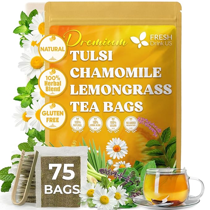 FreshDrinkUS, Premium 75 Tea Bags Tulsi Chamomile Lemongrass Herbal Tea | Blend with Holy Basil, Chamomile Flowers & Lemongrass Leaves β Naturally Caffeine-Free, Soothing Herbal Infusion. Vegan