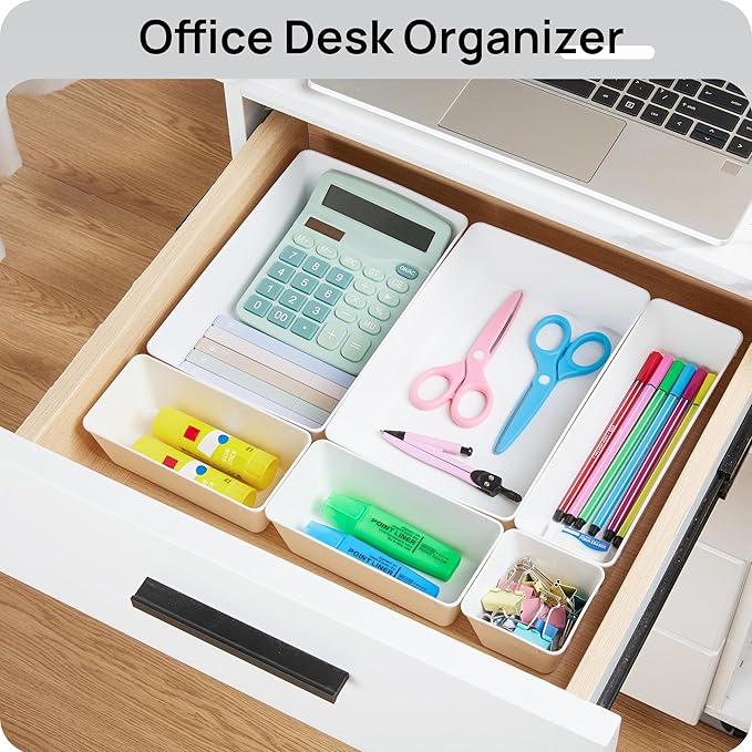 Vtopmart 44 PCS Plastic Drawer Organizers Set, 4-Size Versatile Bathroom and Vanity Organizer Trays, Non-Slip Storage Containers for Makeup, Jewelries, Bedroom,Kitchen Utensils and Office, White