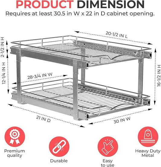 HOLDNâ STORAGE Two Tier Pull Out Cabinet Organizer, Individual Sliding Drawers - Heavy Duty Metal with Lifetime Limited Warranty - Anti Rust Chrome Finish - 30" W x 21âD x 16.5" H