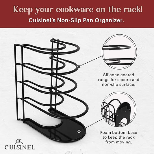 Pan Organizer - Silicone-Coated Non-Slip 12" Heavy Duty Skillet Rack - Kitchen Counter/Cabinet Organization Storage - Holder for Cookie Sheet, Cutting Board, Cast Iron Cookware, Dish, Pot, Lid Stand
