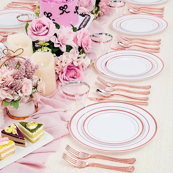 WELLIFE 150 PCS Rose Gold Disposable Dinnerware Set for 25 Guests, Valentine's Day Plate, 25 Dinner & Salad Plates, Cups, Forks Knives Spoons for Wedding Reception and Mothers Day Plates