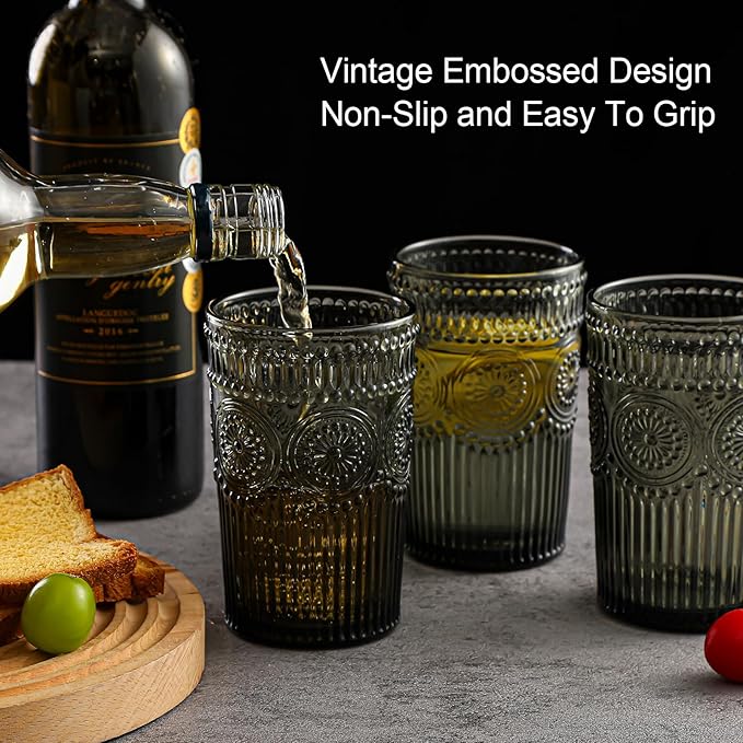 Vintage Glassware Drinking Glasses Set of 6,13 oz Grey Textured Flower Design Glass Water Tumblers,Embossed Striped Drinkware for Water,Cocktails,Juice,Iced Coffee