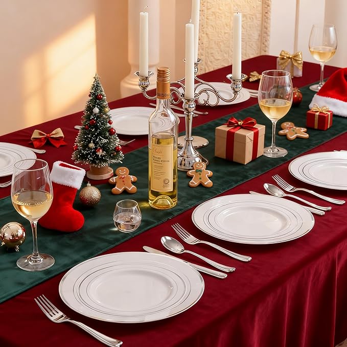 WDF 120PCS Plastic Christmas Plates White Silver Rim - Disposable Plates including 60PCS for Dinner 10.25inch, 60 Salad/Dessert Plates 7.5inch Heavy Duty Wedding