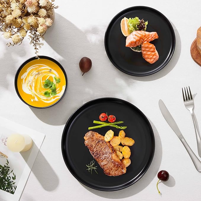 Herogo 12 Pieces Stoneware Dinnerware Sets Service for 4, Dinner Plates and Bowls Sets, Double Reactive Glaze Dishes Sets for Kitchen, Scratch Resistant, Microwave & Dishwasher Safe, Matte Black