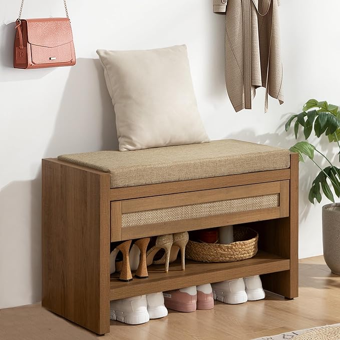 SICOTAS Rattan Shoe Bench Entryway Bench with Storage Drawer and Linen Seat Cushion, Farmhouse Boho Shoe Rack with Shelf, Wooden Storage Bench for Entryway Hallway and Bedroom, Caramel Oak