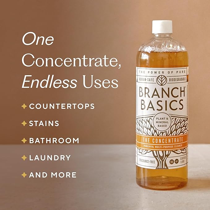 Branch Basics Cleaning Essentials Kit: All Purpose, Glass and Bathroom Cleaner - Concentrate (33.8 Oz) (17 Refills) + Refillable Plastic Spray Bottles (24 Oz) Plant Based, Human-Safe, & Fragrance Free