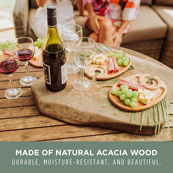 PICNIC TIME Wine Appetizer Plates, Set of 4 Wooden Cocktail Plates with Glass Holder, Mini Charcuterie Boards for Wine and Cheese Parties, Acacia Cheese Board Serving Trays (Oval - Acacia Wood)