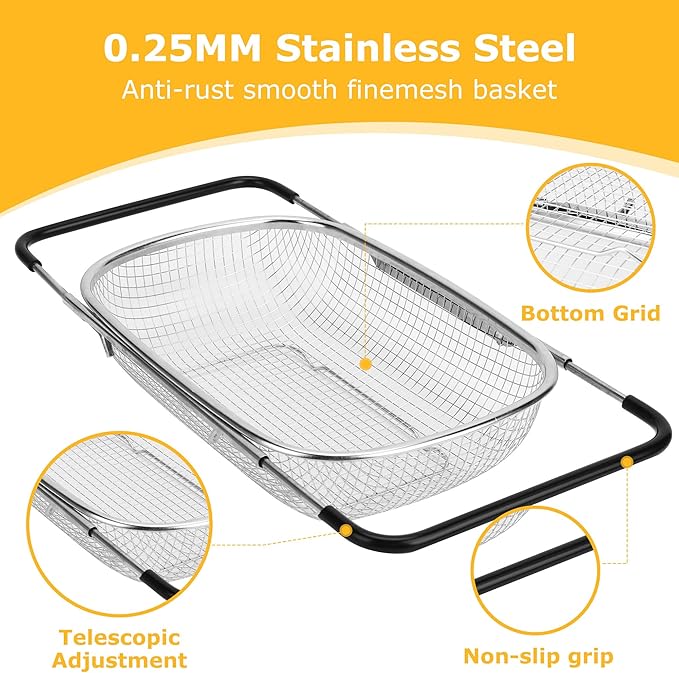 ZDRongZhen Kitchen Accessories Over the Sink Colander Strainer Basket,Stainless Steel Colander with Expandable Rubber Grip Sink Drainer-Rinse Vegetables Fruits &Strain&Drain (Medium-grid)