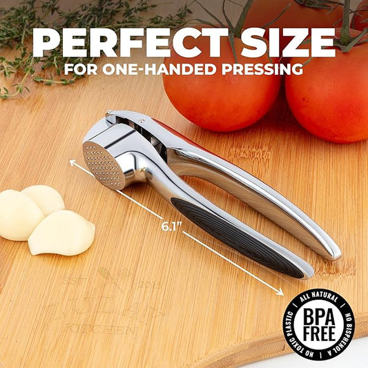 Zulay Kitchen Premium Garlic Press Set β Rust Proof & Dishwasher Safe Garlic Mincer Tool with Silicone Garlic Peeler & Brush, Easy Squeeze & Clean, Ergonomic Soft Grip Handle - Medium β Chrome