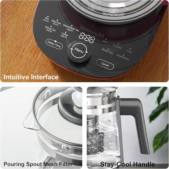 Glass Electric Kettle with Tea Infuser – 1.5L Stainless Steel, 1200W Rapid Boil, Temp & Programmable Control for Teas/Coffee – Black
