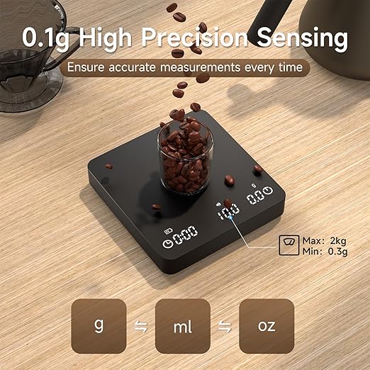 Coffee Scale, 2kg/0.1g High Precision Mini Coffee Scale with Timer, Rechargeable, for Espresso and Pour-Over Coffee