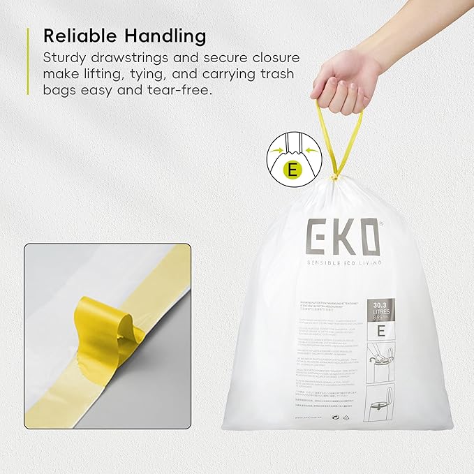 EKO Easy-Dispense Roll 80 Count Extra-Strong Drawstring Tall Kitchen Trash Bag, 8-9.5 Gallon Trash Bag (30.3L-36L) 1 Pack White, Code E